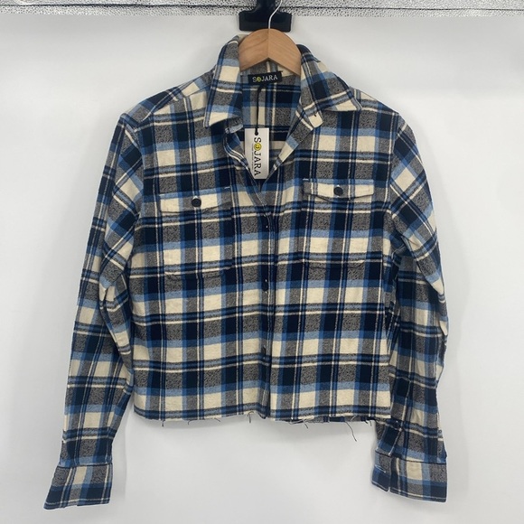 Sojara Button Cropped Jacket Women Size Small Blue Sequin Star Flannel Plaid - Picture 4 of 11